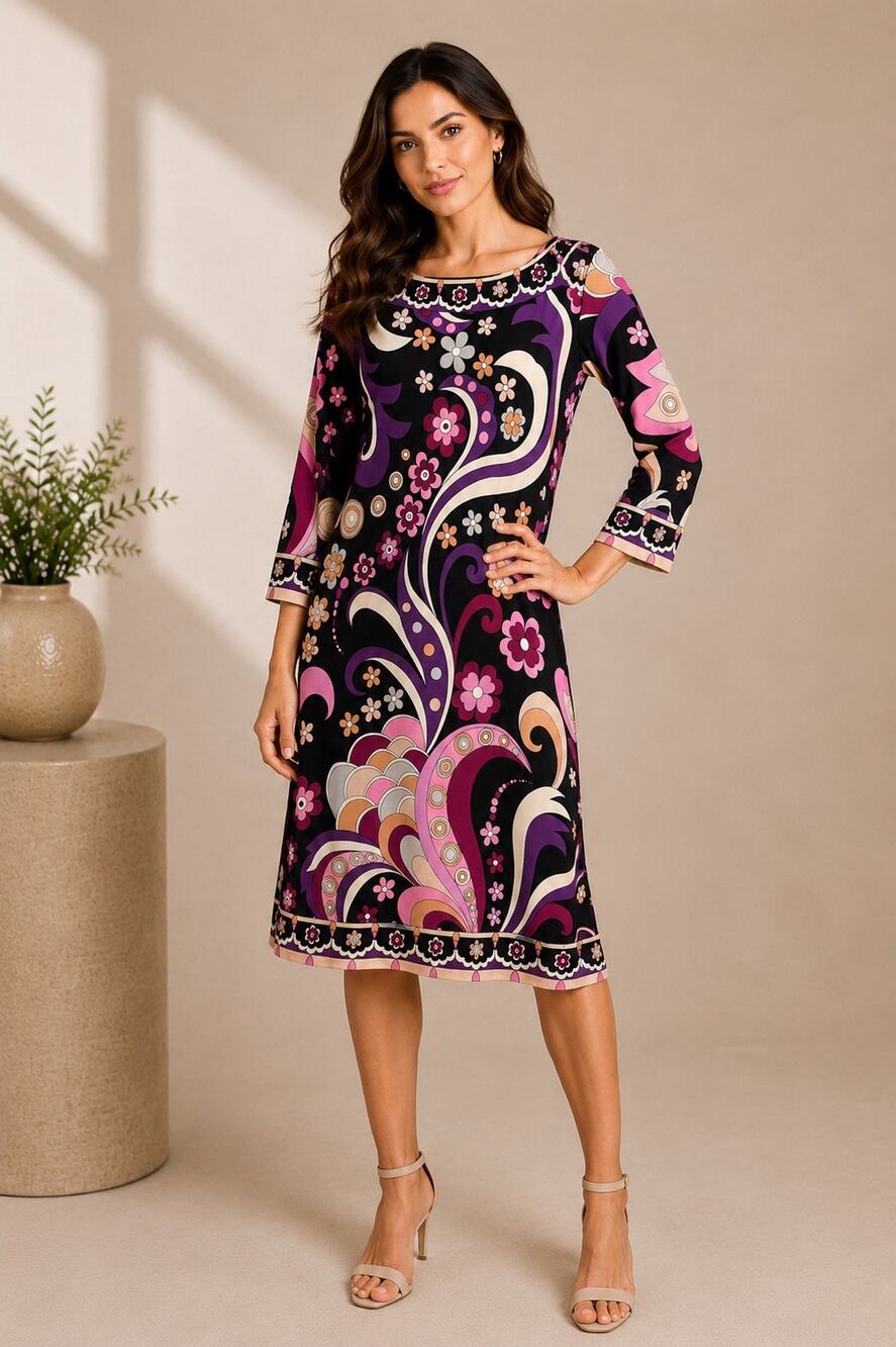 Cache Retro Floral Shift Dress Size 12 Mod Psychedelic Print 3/4 Sleeve Boho